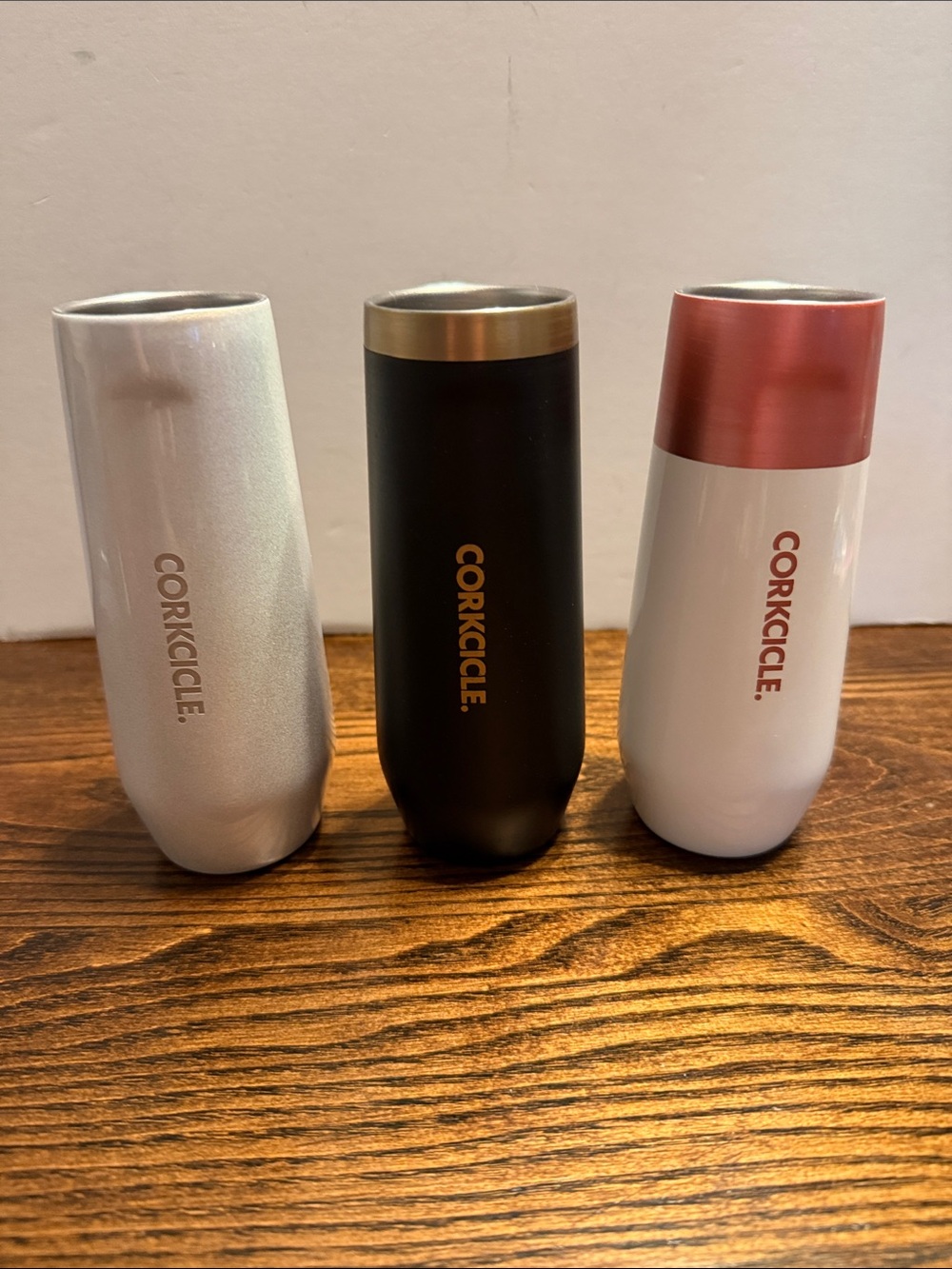 Corkcicle Trio of Insulated Stemless champagne Tumblers - White, Black, Rose